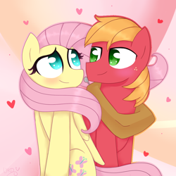 Size: 1000x1000 | Tagged: dead source, safe, artist:ultrard, imported from derpibooru, big macintosh, fluttershy, earth pony, pony, abstract background, blushing, colored pupils, duo, eye contact, fluttermac, heart, looking at each other, male, shipping, signature, stallion, straight