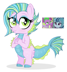 Size: 558x603 | Tagged: safe, artist:unoriginai, imported from derpibooru, sonata dusk, spike, oc, dragon, hippocampus, hybrid, merpony, siren, adoptable, baby dragon, crack ship offspring, crack shipping, cute, female, interspecies offspring, male, offspring, parent:sonata dusk, parent:spike, parents:spinata, screencap reference, shipping, simple background, spinata, straight, transparent background