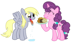 Size: 5898x3500 | Tagged: safe, artist:kuren247, imported from derpibooru, derpy hooves, sugar belle, pegasus, pony, absurd resolution, drool, female, food, happy, mare, muffin, proud, smiling, that pony sure does love muffins, tongue out