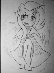 Size: 955x1280 | Tagged: safe, artist:spill-skill, imported from derpibooru, trixie, pony, unicorn, cape, clothes, female, mare, monochrome, solo, traditional art, trixie's cape