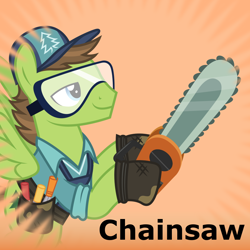 Size: 1024x1024 | Tagged: safe, imported from derpibooru, douglas spruce, evergreen, pegasus, pony, derpibooru, chainsaw, goggles, hat, hoof hold, male, meta, official spoiler image, solo, spoilered image joke, stallion