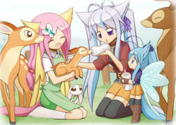 Size: 1512x1075 | Tagged: safe, artist:howxu, imported from derpibooru, angel bunny, fluttershy, oc, deer, human, baby bottle, bambi, cute, eared humanization, humanized, non-mlp oc, shyabetes, smiling, tailed humanization, winged humanization