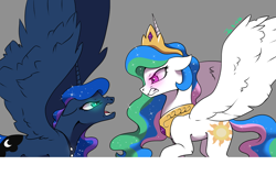 Size: 1024x655 | Tagged: safe, artist:joan-grace, imported from derpibooru, princess celestia, princess luna, alicorn, pony, angry, argument, discussion, duo, female, glowing, glowing eyes, horn, mare, missing accessory, royal sisters, siblings, simple background, sisters, spread wings, story in the source, story included, wings