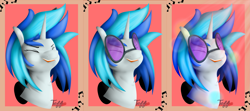 Size: 4835x2145 | Tagged: safe, artist:chibiteff, imported from derpibooru, dj pon-3, vinyl scratch, pony, unicorn, absurd resolution, bust, eyes closed, female, horn, mare, music, music notes, open mouth, portrait, solo, sunglasses, teeth