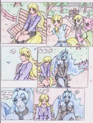 Size: 2550x3352 | Tagged: safe, artist:zoarenso, imported from derpibooru, applejack, cheerilee, derpy hooves, ms. harshwhinny, princess luna, anthro, comic:harsh apples, comic, harsh apples, misspelling, younger