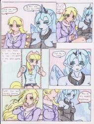 Size: 2550x3352 | Tagged: safe, artist:zoarenso, imported from derpibooru, applejack, ms. harshwhinny, princess luna, anthro, comic:harsh apples, comic, dream, harsh apples