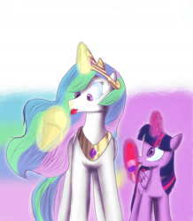 Size: 1863x2140 | Tagged: safe, artist:princessrosemcmitten, imported from derpibooru, princess celestia, twilight sparkle, alicorn, pony, female, food, glowing horn, ice cream, licking, magic, mare, popsicle, telekinesis, tongue out, twilight sparkle (alicorn)