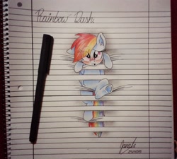 Size: 1710x1536 | Tagged: safe, artist:janadashie, imported from derpibooru, rainbow dash, pegasus, pony, blinds, blushing, eye clipping through hair, female, fourth wall, lined paper, looking at you, mare, pen, rainbow crash, solo, stuck, traditional art, underhoof