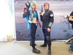 Size: 1280x960 | Tagged: safe, artist:dixidana, artist:star dust band, imported from derpibooru, rainbow dash, oc, oc:blackjack, human, fallout equestria, fallout equestria: project horizons, alternate timeline, apocalypse dash, belly button, clothes, cosplay, costume, crystal war timeline, gun, irl, irl human, midriff, photo, pipboy, ponyradiocon, revolver, rifle, trigger discipline, weapon