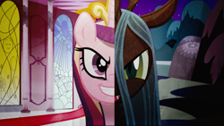 Size: 1920x1080 | Tagged: safe, artist:comric, imported from derpibooru, princess cadance, queen chrysalis, changeling, changeling queen, disguise, disguised changeling, fake cadance, female, split screen, two sides, wallpaper