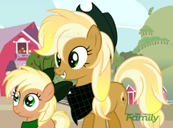 Size: 800x596 | Tagged: safe, artist:essentialnightfall, imported from derpibooru, oc, oc only, oc:apple salary, oc:golden bits, bandana, bow, cowboy hat, discovery family logo, fake screencap, freckles, gap teeth, hair bow, hat, not applejack, offspring, parent:applejack, parent:trenderhoof, parents:trenderjack, siblings