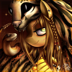 Size: 800x800 | Tagged: safe, artist:glitteronin, imported from derpibooru, oc, oc only, oc:ponymod, snake, animal skin, armor, aztec, aztec warrior, badass, ear piercing, earring, headress, jewelry, necklace, piercing, scar, smiling, solo