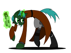 Size: 2560x1920 | Tagged: safe, artist:derpanater, imported from derpibooru, oc, oc only, oc:bountiful heart, pony, unicorn, fallout equestria, boots, clothes, crouching, digital art, female, green coat, green eyes, longcoat, magic, scar, short hair, short mane, smiling, submachinegun, telekinesis