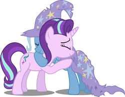 Size: 1285x1000 | Tagged: safe, artist:seahawk270, imported from derpibooru, starlight glimmer, trixie, pony, unicorn, no second prances, cape, clothes, eyes closed, female, hat, hug, mare, simple background, torn clothes, transparent background, vector, wizard hat