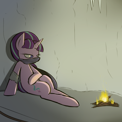 Size: 2000x2000 | Tagged: source needed, safe, artist:pandramodo, imported from derpibooru, starlight glimmer, campfire, cave, clothes, female, scarf, solo