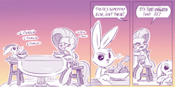 Size: 4000x2000 | Tagged: safe, artist:dilarus, deleted from derpibooru, imported from derpibooru, angel bunny, fluttershy, pegasus, pony, rabbit, meet-the-pones, no second prances, :i, :t, absurd resolution, angel is a bunny bastard, angelshy, animal, annoyed, blushing, carrot, comic, crying, eating, female, food, frown, glare, husbando thief, implied starbunny, implied starlight glimmer, infidelity, interspecies, jealous, love triangle, male, open mouth, raised eyebrow, shipping, sitting, starbunny, stool, straight, table, this will end in divorce