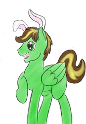 Size: 948x1364 | Tagged: safe, artist:curious, imported from derpibooru, oc, oc only, oc:greenlight, pegasus, pony, bunny ears, green, ipad, male, stallion, surprised