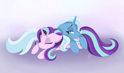 Size: 4276x2533 | Tagged: safe, artist:black-cat-kira, imported from derpibooru, starlight glimmer, trixie, pony, unicorn, no second prances, absurd resolution, cute, duo, eyes closed, female, lesbian, mare, shipping, sleeping, startrix