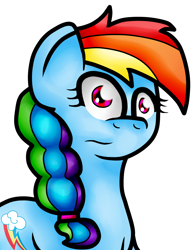 Size: 1366x1759 | Tagged: safe, alternate version, anonymous artist, edit, imported from derpibooru, rainbow dash, earth pony, pegasus, pony, alternate hairstyle, backwards cutie mark, braid, bust, female, mare, ponytail, portrait, simple background, solo, white background