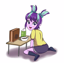 Size: 3507x3472 | Tagged: safe, artist:sumin6301, imported from derpibooru, starlight glimmer, equestria girls, box, breakfast, cereal, clothes, cute, equestria girls-ified, female, food, glimmerbetes, milk, missing shoes, moe, open mouth, pigtails, simple background, sitting, skirt, socks, solo, spoon, table, white background, younger