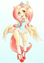 Size: 2039x2894 | Tagged: safe, artist:unousaya, imported from derpibooru, fluttershy, anthro, pegasus, semi-anthro, arm hooves, blushing, bowtie, breasts, butt wings, clothes, cute, delicious flat chest, female, flattershy, high heels, leotard, looking at you, one-piece swimsuit, open mouth, shyabetes, socks, solo, string bow tie, swimsuit