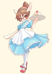 Size: 2039x2894 | Tagged: safe, artist:unousaya, imported from derpibooru, writing desk, semi-anthro, arm hooves, blue dress, cake, clothes, cute, dress, food, glasses, red shoes, solo, waitress