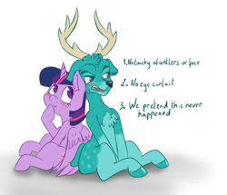 Size: 1950x1680 | Tagged: safe, artist:wizardski, imported from derpibooru, twilight sparkle, oc, oc:teal deer, alicorn, deer, pony, :>, blushing, canon x oc, chest fluff, cute, eye shimmer, female, floppy ears, male, mare, non-mlp oc, shipping, spots, straight, that was fast, tsundere, twiabetes, twilight sparkle (alicorn), wingding eyes