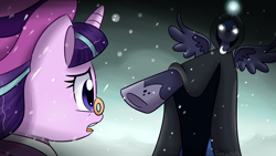 Size: 1920x1080 | Tagged: safe, artist:mlp-firefox5013, imported from derpibooru, princess luna, snowfall frost, spirit of hearth's warming yet to come, starlight glimmer, a hearth's warming tail, cloak, clothes, glowing horn, hat, monocle, open mouth, pointing, scene interpretation, signature, top hat