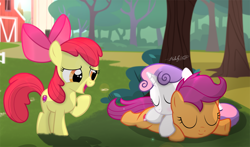 Size: 3314x1953 | Tagged: safe, artist:matty4z, artist:shutterflyeqd, imported from derpibooru, apple bloom, scootaloo, sweetie belle, earth pony, pegasus, pony, unicorn, adorabloom, apple bloom's bow, barn, bow, cuddling, cute, cutealoo, cutie mark, cutie mark crusaders, daaaaaaaaaaaw, diasweetes, eyes closed, female, filly, foal, hair bow, lying down, open mouth, prone, raised hoof, signature, sleeping, sweet apple acres, the cmc's cutie marks