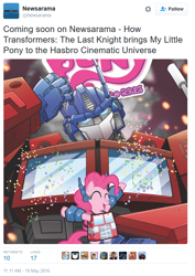 Size: 592x836 | Tagged: safe, imported from derpibooru, pinkie pie, meta, optimus prime, text, transformers, transformers 5, transformers the last knight, twitter