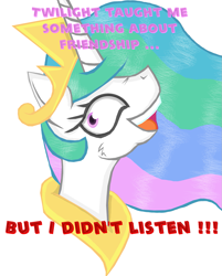 Size: 1085x1350 | Tagged: safe, artist:cuddlelamb, imported from derpibooru, princess celestia, exploitable meme, female, i didn't listen, image macro, meme, solo