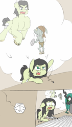 Size: 720x1280 | Tagged: safe, artist:happy harvey, imported from derpibooru, queen chrysalis, oc, oc:anon, oc:filly anon, changeling, changeling queen, earth pony, goblin, pony, 1, bandana, barbarian, buff, charge, charging, clothes, critical failure, critical miss, dice, dork, dorkalis, drawn on phone, dungeons and dragons, eyebrows, fail, failure, female, filly, floppy ears, gap teeth, horrified, imagination, killer dm, muscles, no pupils, phone drawing, rage, rolling, scared, shaking, shield, sword, tabletop game, unshorn fetlocks, weapon