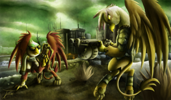 Size: 1250x735 | Tagged: safe, artist:jamescorck, imported from derpibooru, gilda, greta, griffon, fallout equestria, armor, city, clothes, commission, floating, signature, sunglasses, weapon