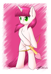 Size: 3069x4403 | Tagged: safe, artist:icy wings, imported from derpibooru, lovestruck, pony, semi-anthro, unicorn, absurd resolution, arrow, bow (weapon), bow and arrow, cupid, female, heart arrow, solo, weapon