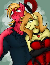 Size: 1000x1300 | Tagged: safe, artist:hasana-chan, imported from derpibooru, big macintosh, braeburn, anthro, applecest, bailey sweet, baileymac, blushing, braemac, breasts, cleavage, clothes, collar, corset, evening gloves, female, gloves, incest, male, shipping, straight, transgender