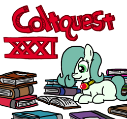 Size: 640x600 | Tagged: safe, artist:ficficponyfic, imported from derpibooru, oc, oc only, oc:emerald jewel, earth pony, pony, colt quest, amulet, book, child, color, colt, cute, foal, happy, logo, male, pages, reading, recap, solo, studying, title, title card