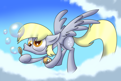 Size: 2743x1828 | Tagged: safe, artist:supercoco142, imported from derpibooru, derpy hooves, pegasus, pony, blowing bubbles, bubble, bubble blower, bubble wand, cloud, female, flying, mare, solo