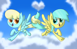 Size: 1024x663 | Tagged: safe, artist:supercoco142, imported from derpibooru, sassaflash, sunshower raindrops, pegasus, pony, background pony, cloud, cloudy, cute, duo, female, flying, heart, heart cloud, intertwined tails, mare, open mouth, raindropbetes, raised hoof, raised leg, sassabetes, shapeshifting, sky, underhoof