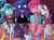 Size: 917x670 | Tagged: safe, artist:caroo, imported from derpibooru, pinkie pie, princess celestia, princess luna, rainbow dash, scootaloo, sonata dusk, sweetie belle, anthro, plantigrade anthro, barefoot, bondage, brush, feather, feet, female, fetish, floppy ears, foot fetish, foot focus, fork, hairbrush, heart, paintbrush, pinkie loves tickling, soles, tickle fetish, tickle torture, tickling, toes