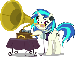 Size: 1570x1200 | Tagged: safe, artist:seahawk270, imported from derpibooru, dj pon-3, vinyl scratch, pony, unicorn, a hearth's warming tail, clothes, cutie mark, female, glasses, gramophone, hooves, horn, listening to music, mare, phonograph, simple background, smiling, solo, stethoscope, sunglasses, table, table cloth, tablecloth, transparent background, vector, victorian, victrola scratch