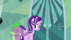 Size: 1920x1080 | Tagged: safe, imported from derpibooru, screencap, spike, starlight glimmer, the crystalling, butt touch, eyes closed, frown, hand on butt, licking, licking lips, out of context, pushing, rump push, tongue out