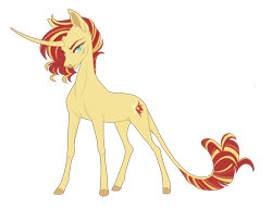 Size: 1048x801 | Tagged: safe, artist:queerly, imported from derpibooru, sunset shimmer, classical unicorn, pony, unicorn, curved horn, female, leonine tail, solo