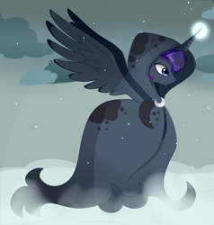 Size: 4257x4481 | Tagged: safe, artist:emera33, imported from derpibooru, princess luna, spirit of hearth's warming yet to come, alicorn, pony, a hearth's warming tail, absurd resolution, blizzard, cloak, clothes, female, glowing horn, magic, snow, snowfall, solo