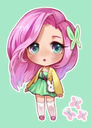 Size: 844x1179 | Tagged: safe, artist:pinkiepiee, imported from derpibooru, fluttershy, human, animal bag, bag, barrette, cardigan, chibi, clothes, cute, cyan eyes, daaaaaaaaaaaw, digital art, dress, female, green background, green dress, hair accessory, humanized, light skin, looking at you, pink hair, pixiv, sandals, shyabetes, simple background, socks, solo, standing, stockings, sweater, sweatershy, thigh highs, white socks, white stockings, yellow sweater