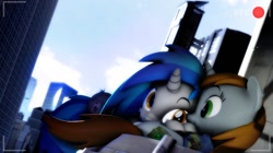 Size: 1193x670 | Tagged: safe, artist:doge4ce, imported from derpibooru, oc, oc only, oc:homage, oc:littlepip, pony, unicorn, fallout equestria, 3d, city, clothes, cuddling, fanfic, fanfic art, female, horn, jumpsuit, mare, oc x oc, pipmage, shipping, snuggling, source filmmaker, vault suit