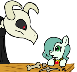 Size: 640x600 | Tagged: safe, artist:ficficponyfic, color edit, edit, imported from derpibooru, oc, oc only, oc:emerald jewel, oc:lady elegance, chimera pony, dragon, earth pony, pony, undead, colt quest, amulet, bone, child, color, colored, colt, foal, hair over one eye, horns, male, monster, red eyes, skull, table