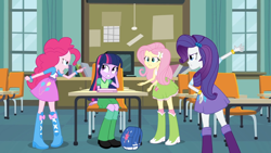 Size: 1280x720 | Tagged: safe, imported from derpibooru, screencap, fluttershy, pinkie pie, rarity, twilight sparkle, equestria girls, equestria girls (movie), angry, argument, backpack, balloon, book, boots, bracelet, chair, classroom, clothes, female, high heel boots, incomplete twilight strong, jewelry, skirt, socks, table, worried