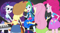 Size: 1280x714 | Tagged: safe, imported from derpibooru, screencap, applejack, fluttershy, pinkie pie, rainbow dash, rarity, equestria girls, rainbow rocks, angry, argument, balloon, bass guitar, bracelet, clothes, electric guitar, female, guitar, jewelry, keytar, musical instrument, skirt, turning against each other