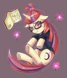 Size: 800x934 | Tagged: safe, artist:tzc, imported from derpibooru, moondancer, twilight sparkle, alicorn, pony, unicorn, amending fences, book, clothes, female, floppy ears, glasses, haycartes' method, mare, paper twilight, solo, sweater, twilight sparkle (alicorn), underhoof