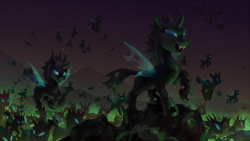 Size: 3242x1824 | Tagged: safe, artist:share dast, imported from derpibooru, changeling, changeling swarm, dark, flying, open mouth, raised hoof, swarm